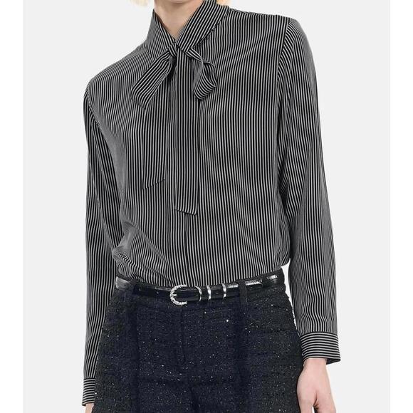 The Kooples Tops - The Kooples Micro Striped 100% Silk Tie-Neck Blouse Size US S / FR 1 $415 NWT